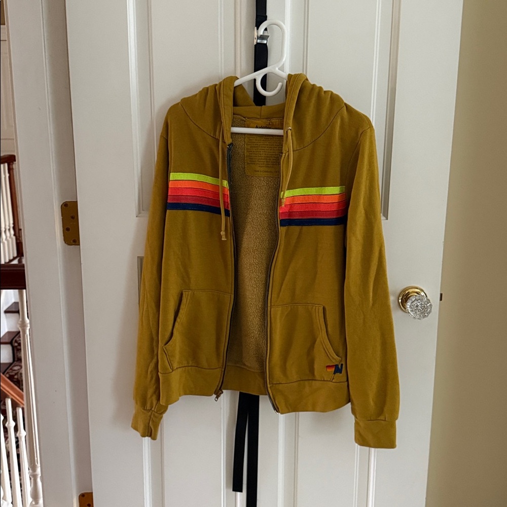 Aviator Nation Unisex 5 Stripe Hoodie in Honey/Neon Rainbow Large